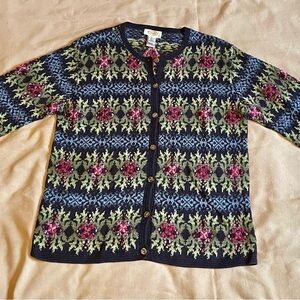 1990’s Vintage Talbots Natural Fiber Floral Knit Sweater Black Green Blue